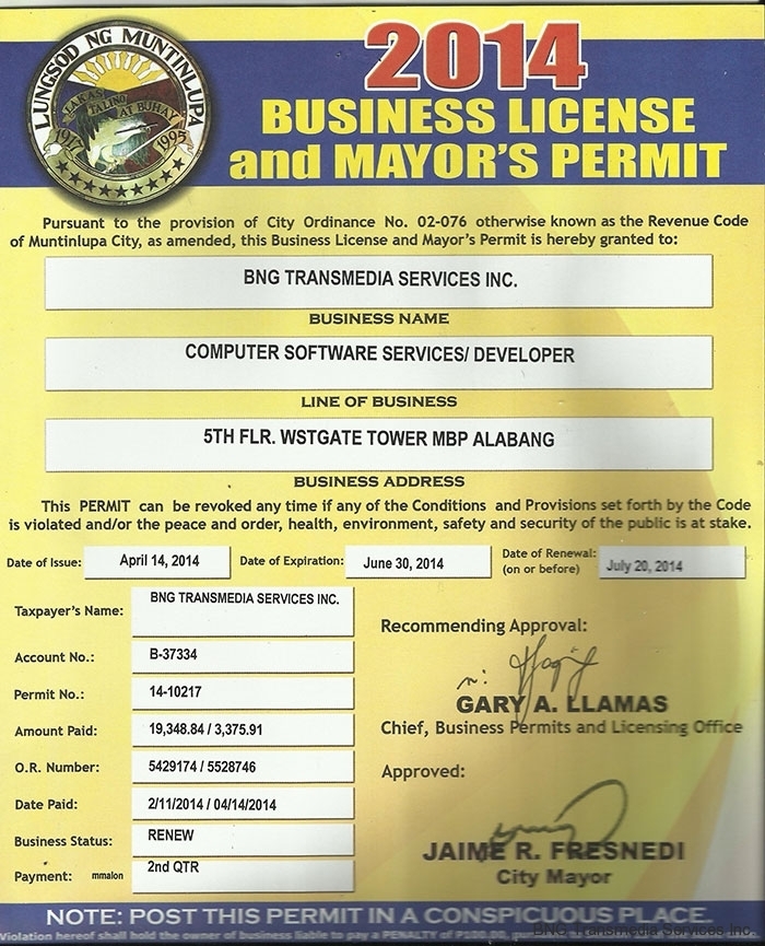 Business Registration BNG Transmedia Services Inc.